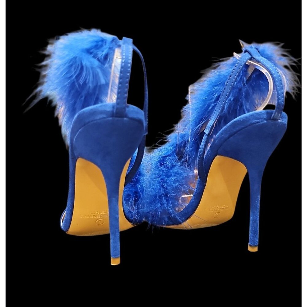 Blue Feather High Heel Slingback Open Toe Sandals - Picture 7 of 8
